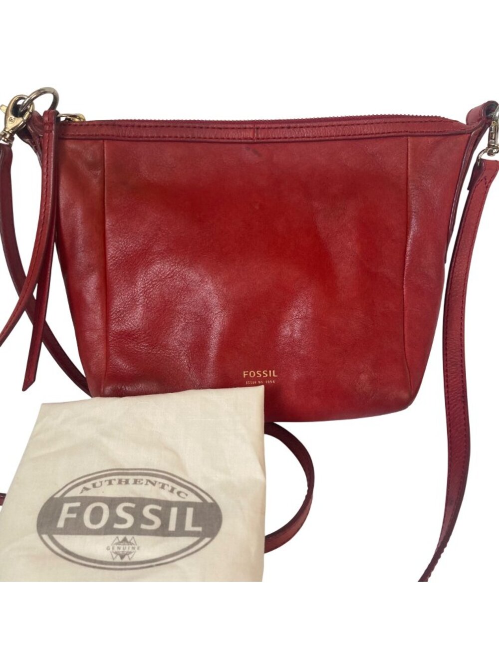 Fossil Red Leather Crossbody Shoulder Bag Adjutabsle Strap Dust Bag Preppy